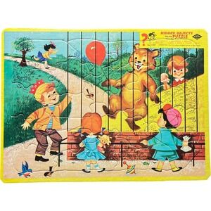 Vintage Hidden Objects Inlaid Puzzle Kids with Dancing Bear Built Rite
